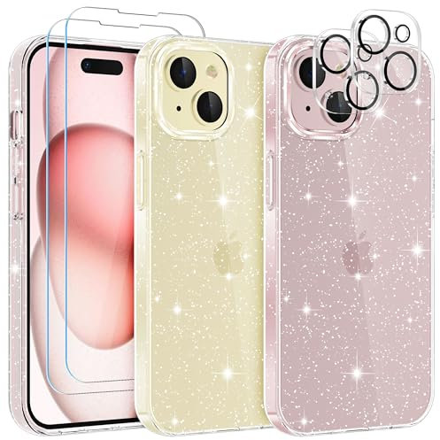 YIRSUR Hülle Kompatibel mit iPhone 15 mit 2 Stück Glasfolie und 2 Stück Kamera, Glasfolie Handyhülle Transparent Glitzer Slim Soft Silikon TPU für iPhone 15