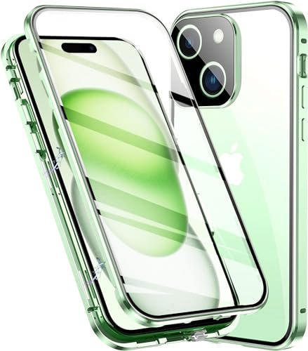 LIUKM Hülle für iPhone 15 Magnetische Adsorption Handyhülle 360 Grad Stoßschutz Vorne hinten Gehärtetes Glas Schutzhülle Metallrahmen Case - Grün