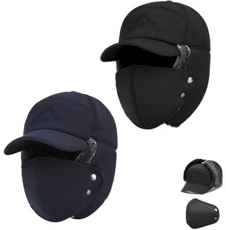 GAMIRA Pelziger Trapperhut, Unisex Schwarzer Pelz-Trapperhut, Trappermütze mit Ohrenklappen und Maske, Russische Jagdhüte (A+B,One Size)