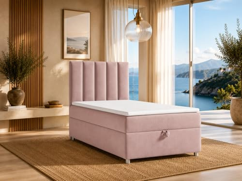 Best For Home Trinity K10 Boxspringbett 100x200 | Stauraum mit Topper | Einzelbett mit Bonell Federkernmatratze H3, Hoher Schlafkomfort, Gepolstertes Kopfteil, Modernes Bett Design und Bettkasten