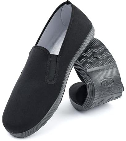 Chinese Style Slippers Kung Fu Tai Chi Old Beijing Martial Arts Shoes,Canvas Rubber Sole Unisex All Black Size Men 10/Women 11