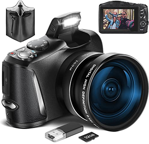 NBDCAM 4K Digital Camera with Wide & Macro Lens, 32GB SD Card Included, DSLR Camera for Photography & Vlogging – Beginner-friendly Compact Bridge Camera