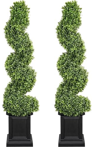 colorspec Artificial Boxwood Outdoor Topiary Set of 2, 3.5ft Tall Porch Trees, All-Year Green Fake Plant Topiary Trees Artificial with Sturdy Pot for Porch Outdoor Indoor (Spiral)