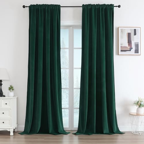 Joydeco Samtvorhänge Blickdicht Dunkelgrün 245x132 HxB 2er Set Verdunklungsvorhänge Thermo Vorhang Kälteschutz Schlafzimmer Gardinen Wohnzimmer