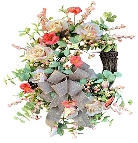 Decorhome Rosarios para puerta de entrada, corona de flores rosa y burdeos - Corona de hortensias de rosas sonrojadas artificiales de 15,7 pulgadas con hojas verdes para balcón, comedor