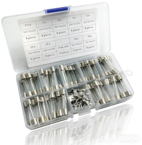 Jamgoer 72pcs Fast Blow Glass Fuses Car Tube Fuse Assortment Kit 250V 0.5A, 1A, 2A, 3A, 5A, 10A, 15A, 20A, 30A 6 x 30 mm and 10 Pcs Fuse Seat