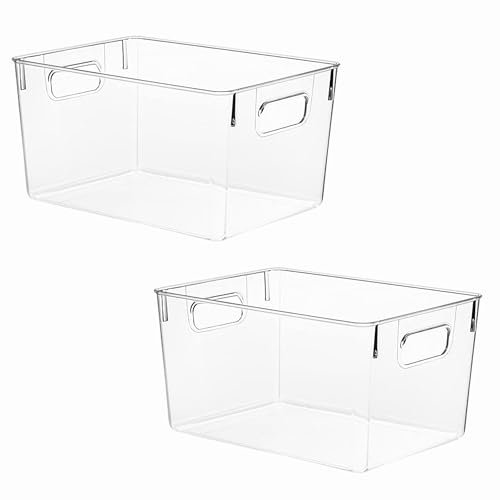 REHUK Clear Plastic Organiser Storage Bins for Cupboard, Pantry, and Kitchen - Versatile Organisers for Fridge, Freezer, Food, Fruit, Vegetable, Cleaning Products, and Clothing Storage (2 Pack)