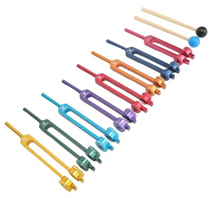 HOHXFYP Stimmgabel Set, Aluminiumlegierung, 8 Stimmgabeln mit 2 Stimmschlägeln für Chakra, Klare Töne, Komplettes Set mit Schlägeln, Schraubenschlüssel, Aufbewahrungstasche, Mehrfarbig