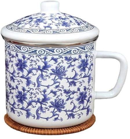 WEITINGKKK Tazze da tè, zuppiera da tè fatta a mano, Tazza smaltata da 15 once Tazza in porcellana bianca e blu con coperchio Tazza for bere un vecchio barattolo di tè