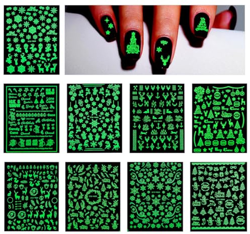9 Blatt Nagelsticker Weihnachten, Nagelaufkleber Weihnachten, Nagelsticker Silvester, Leuchtend Nageltattoos, Dekoration Nageldesign Zubehör