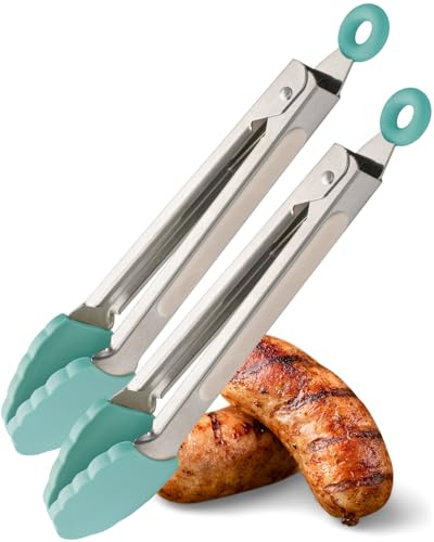 Taylors Eye Witness 2 Small Steel Buttermilk & Turquoise Silicone Tongs - Dishwasher Safe. Sturdy, Non-Scratch Heads, Handy Locking System. Odour, Stain, Heat Resistant (260°C/500°F) 5 Year Guarantee