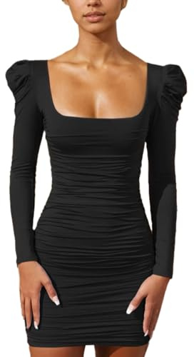 EMOTTOS Mini Vestido Ruched Sexy para Mujer, Vestido Bodycon Wrap con Mangas Abullonadas, Vestidos de Cóctel sin Espalda con Cuello en U, Vestidos Lápiz para la Fiesta de Cóctel, Negro, L