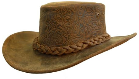 Outbacker Australischer Lederhut aus geprägtem Vintage Leder und formbarer Krempe in XL und XXL Farbe Tobacco, Größe XXL I 62-63 cm