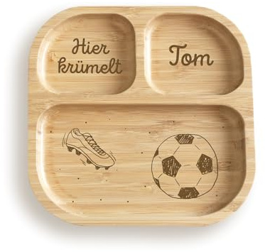 hellomini Personalisierter Babyteller mit Saugnapf – Individueller Kinderteller aus hochwertigem Bambusholz – Geschenk zur Geburt & Taufe – BPA-frei (Fußball, Nur Teller)
