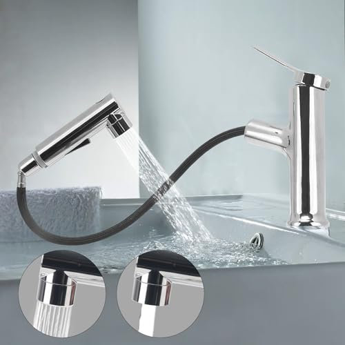 VirtuGro Rubinetto Bagno Lavabo Rubinetto con Doccetta Estraibile a 3 Modalità Miscelatore Monocomando Caldo e Freddo Aeratore Doccino per Lavandino (Argenteo)
