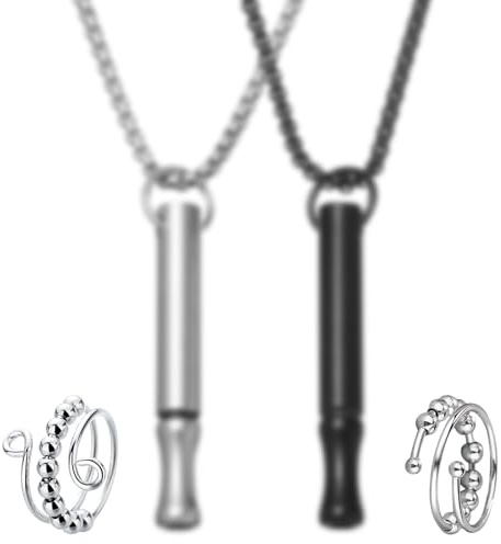 HTTDSLF Collier de Respiration, Anti Tabac, Anti Stress, pour Soulager Anxiété, Méditation, avec 2 Anneaux (Argent & Noir)