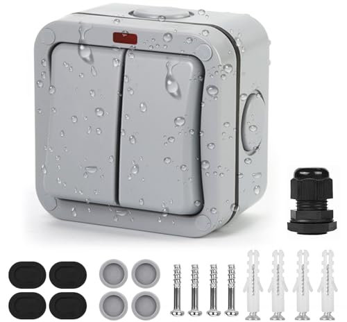 Idota Light Switch Outdoor Weatherproof Switch Universal Switch 20A IP66 Double Switch with Dust Independent Switch and Indicator Light Switch Surface-Mounted for Outdoor Garden Balcony
