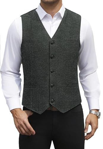 HISDERN kostymväst för män vintage casual tweed väst herr fiskben ullväst formell för bröllop affärer med fickor, Mörkgrå, M