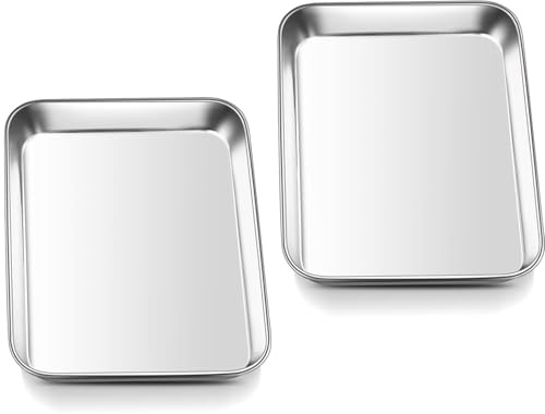 Stainless Steel Oven Tray Set of 2, Premium Baking Trays 23.5 x 17.5 x 2.5CM, Durable Cookie Sheets Pan for Baking Cooking Serving, Dishwasher Safe & Easy Clean, Healthy & Non Toxic (Small Size)