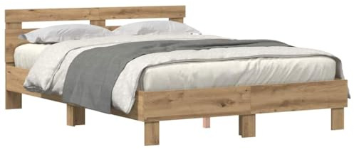 vidaXL Cadre de lit Chêne Artisanal 140 x 190 cm Bois d'ingénierie, Cadre de lit Moderne, Meubles durables, LED avec USB, Design Chic et élégant, Rectangle Polyvalent