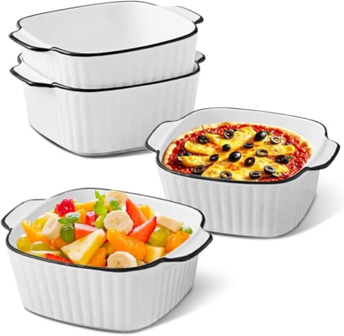 MIUUIPI Lot de 4 plats à gratin carrés en céramique - 14,5 x 11,5 x 5,5 cm - Avec poignées - Empilables - Pour friteuse, four et micro-ondes - 400 ml