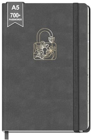 BIROYAL A5 Passwort Buch Deutsch, Platz für über 700 Passwörter, Dunkelgrau | A-Z Register, 224 Seiten mit 120 g/m²-Premium Papier, Gummiband, Lesezeichen, für Internet-Adressen, Benutzernamen und Logins