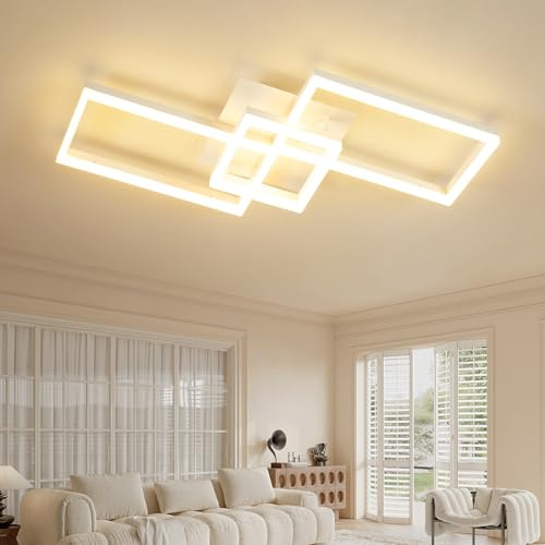 Amdelne LED Deckenleuchte Dimmbar mit Fernbedienung 80cm | 48W Moderne 3-Rechteckige Design Deckenlampe für Wohnzimmer Schlafzimmer Küche | Nachtlicht, Memory-Funktion - Weiß
