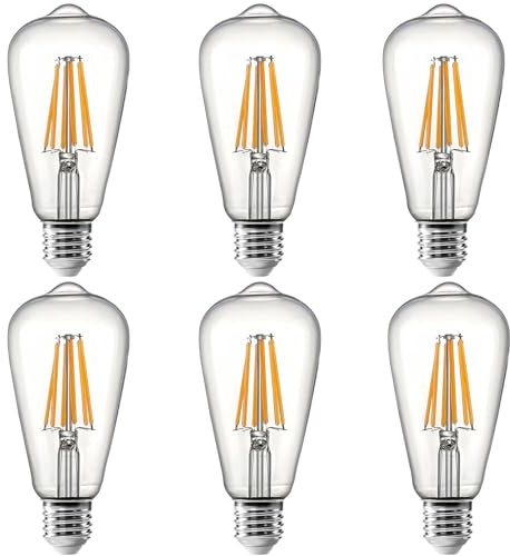 WULUN E27 ST64 LED Edison Glühbirne, 6W entspricht 60W, Warmweiß 3000K, 600LM, Retro-Energiesparlampe, klares Filament, AC 220V, für Innendekoration, nicht dimmbar, 6 Stück