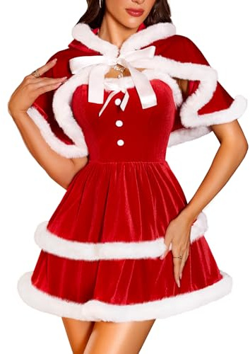 RSLOVE Weihnachten Kostüm Weihnachtsoutfit für Damen - Weihnachtsfrau Kleid Sexy Santa Babydoll mit Cape M