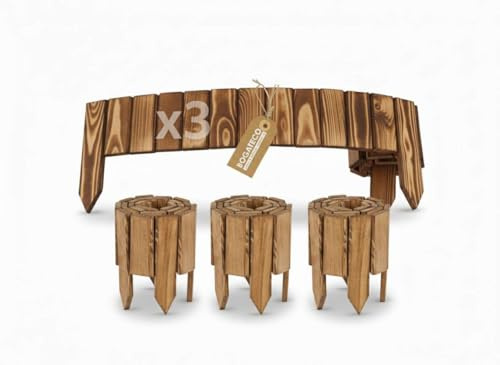 BOGATECO Juego de 3 listones de madera para arriates, 20 cm de alto y 112 cm de largo, valla de estacas, perfecta como borde de arriate o delimitación de caminos, flameado