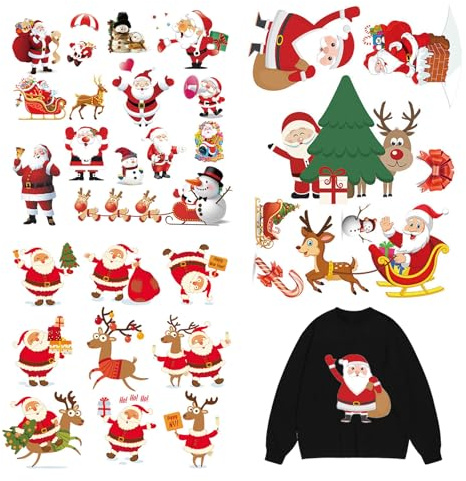 3 Bögen Bügelbilder Weihnachten zum Aufbügeln, Große Auswahl an Weihnachtsmann und Rentier Motiven, Bügelbild Weihnachten für Kleidung, Stoffbeutel und Geschenke Weihnachtsserie