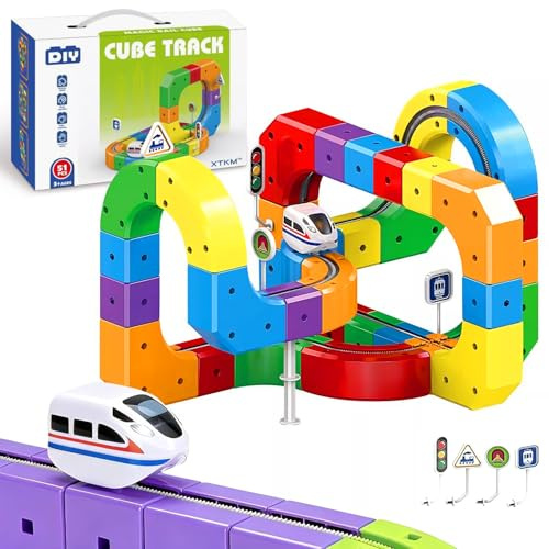 Clickrail Electric Train Set, Schwerkraft-Trotzende 3D-Eingebettete Layouts und Motorisiertes Auto mit Flexibler Rennstrecke, Autorennbahn STEM-Bauspielzeug für Kinder (A)