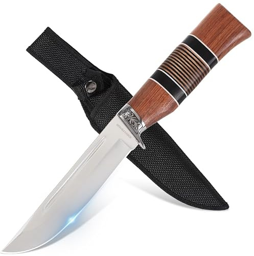 GER-SABER Outdoor Jagdmesser 31 cm – Drop-Point Klinge, Klassischer Handschutz mit Motiv, Geschichteter Holzgriff, Zuverlässiger Begleiter