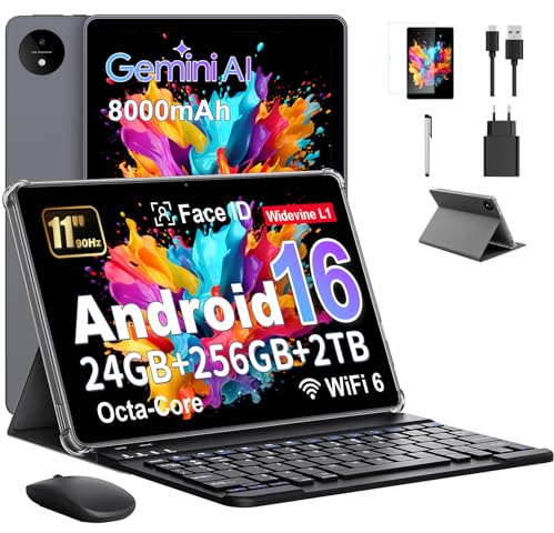 Tableta 11 Pulgadas en Gemini AI, Tableta Android 16 en Funda, Teclado & Ratón, Octa-Core, 24 GB RAM + 256 GB ROM + 2 TB TF, 1920x1200 Pantalla HD, 90 Hz, Cámara Doble 8MP + 13MP, 8000 mAh (Gris)