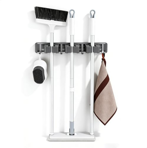 shengxinym Besenhalterung Besen Halterungen Wand, Bewegbare Schiene Besenstiel Halterung Bohren mit Befestigungsschrauben für Küche Zuhause Badezimmer Büro, 3 Halter + 4 Haken(Grau)