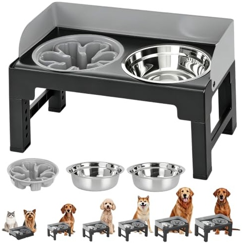 Hundenapf Erhöht, Erhöhter Futternapf Hund Höhenverstellbar, Fressnapf Hund mit Gestell, Futterstation Hund Mit 2 Hundenäpfe aus Edelstahl und 1 Anti Schling Napf Hunde (Grau)