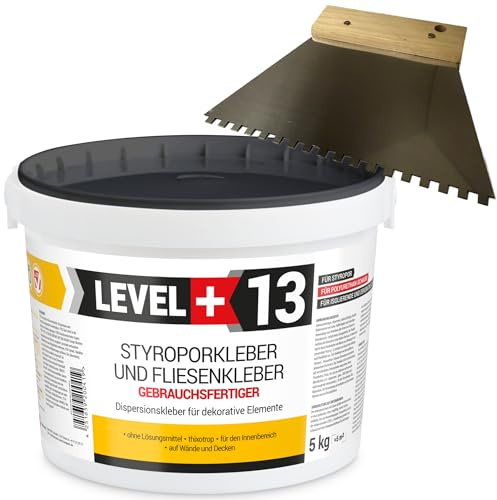 Level Plus 13 adesivi per polistirolo da 5 kg + spatola dentata da 4 mm, colla a sughero, colla a dispersione per elementi decorativi e polistirolo, set di colla per montaggio RM13