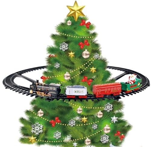 Odoukey Juego de Tren de árbol de Navidad eléctrico con luz y Sonido, Juguetes Divertidos Festivos para niños y niñas, sin Tren de árbol de Navidad Adicional