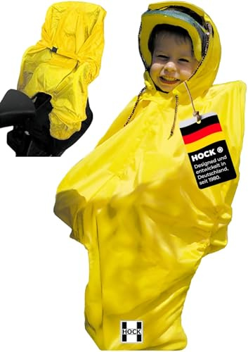 HOCK® 2-in-1 Regenschutz Fahrradsitz Kinder - innovative 2-fach-Funktion schützt Kind und Fahrradkindersitz vor Nässe - Fahrrad Regencape für Kleinkinder mit Kapuze und Reflektorstreifen Gelb