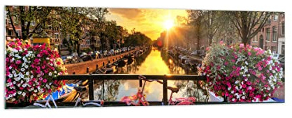 Quadri Moderni su Vetro 160x50 cm Stampe da Parete Fiori Città - 3081 | Biciclette Canale Amsterdam Quadro Decorativo Grande XXL Decorazione Murale Arte da Parete Decorazione da Parete ARTTOR