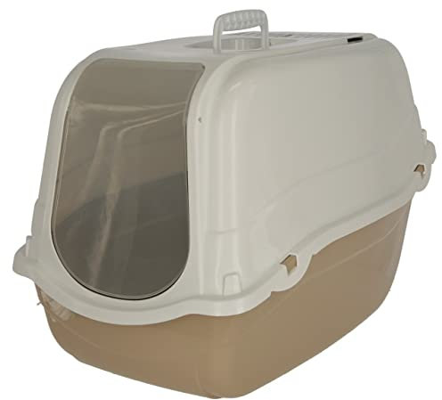Kerbl Katzentoilette Minka (taupe/weiß, 57 cm x 39 cm x 41 cm,Aktivkohlefilter gegen Gerüche, mit Abdeckhaube, transparente Schwingtür, Tragegriff, Katzenklo, Katzentoilette) 81571
