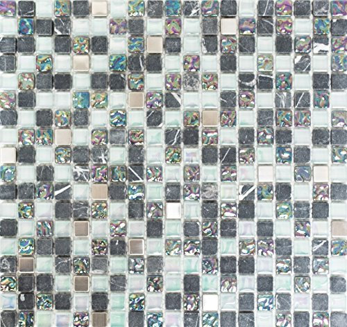 Mosaik Quadrat Crystal/Stein/Edelstahl mix grau Metall Mix Fliesenspiegel, Mosaikstein Format: 15x15x8 mm, Mattengröße: 322x305 mm, 10 Matten
