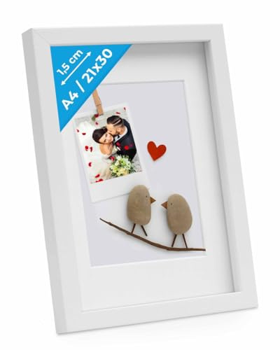 PHOTOLINI 3D cornice A4 21x30 cm bianco, profonda con vetro e passe-partout, cornice per oggetti fino a 1,5 cm di profondità, legno MDF - perfetta per il fai da te e come regalo
