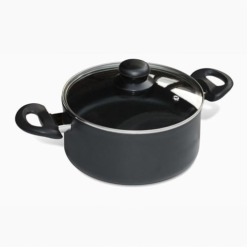 Baumalu, Faitout 20 cm EASY en aluminium forgé avec couvercle en verre, intérieur revêtement anti-adhérent, extérieur noir, manche bakélite avec cache inox, compatible tous feux et induction