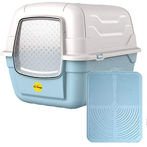 CAT CENTRE Large Hooded Cat Litter Tray, Blue, Charcoal Filter, Scoop & Mat | Enclosed hooded loo box, flap door, high-sided, groomed cat litter mat, kitten and cat toilet bundle