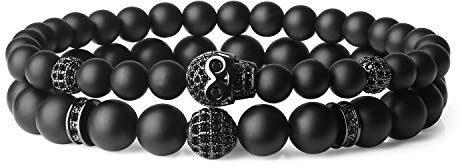 COAI Herren Perlenarmband aus Schwarzer Onyx mit Totenkopf Charm Layering Kette für Männer Größe L