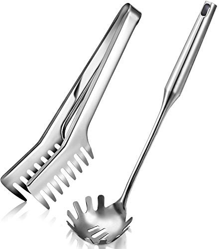 2 Stück Spaghettilöffel Großes Pastaheber Utensil, 9,4 Zoll Edelstahl Nudelzange und 13,6 Zoll Nudelgabel mit Vakuum Ergonomischem Griff, Komfortabler Griff Design Spaghetti Küchenhelfer