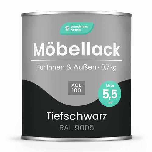 Grundmann Möbellack ACL 100 - Schwarz 0,7 Kg - Lösemittelfrei & Geruchsarm - 4in1 Möbelfarbe inkl. Grundierung - Innen und Außen - Für Holz, Metall & Kunststoff - RAL 9005 Tiefschwarz