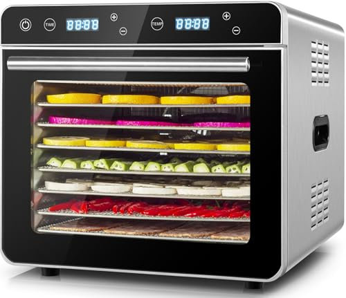 Kwasyo Deshidratador de Alimentos, Deshidratadora con 8 Bandejas de acero inoxidable, Temperatura adjustable 30-85℃, Temporizador de 24 horas, Secador de alimentos para frutas, Veg, Carne, Setas, 700W