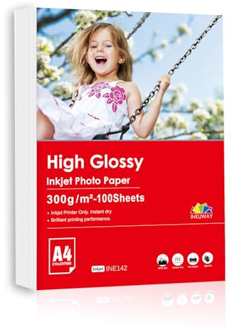 Inkuway A4 300gsm Papel Fotográfico para Inyección de Tinta Grueso, 100 Hojas, Superficie Brillante para Impresión de Obras de Fotografías, Tarjetas de Felicitación y Postales